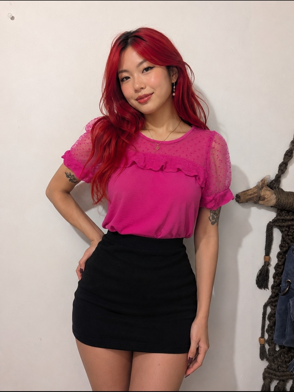 Fuchsia Ruffle Mesh Sleeve Top